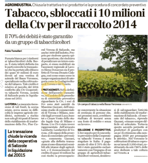 Definitiva la transazione del credito dei produttori di tabacco a Verona grazie a Massimo Gazzani dello Studio Gazzani